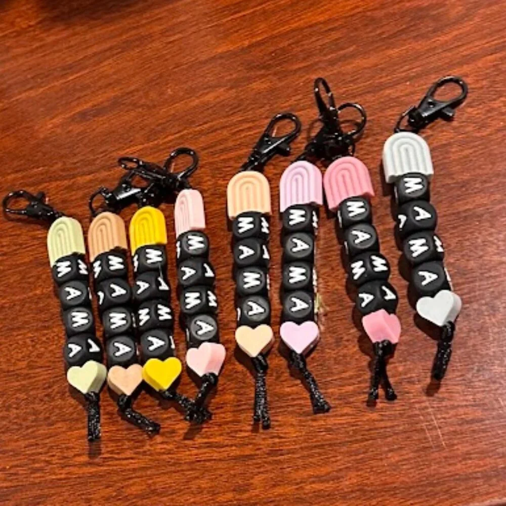 **SET OF 8** Mama Letter Blocks Rainbow Silicone Beaded Pastels Bag Charms